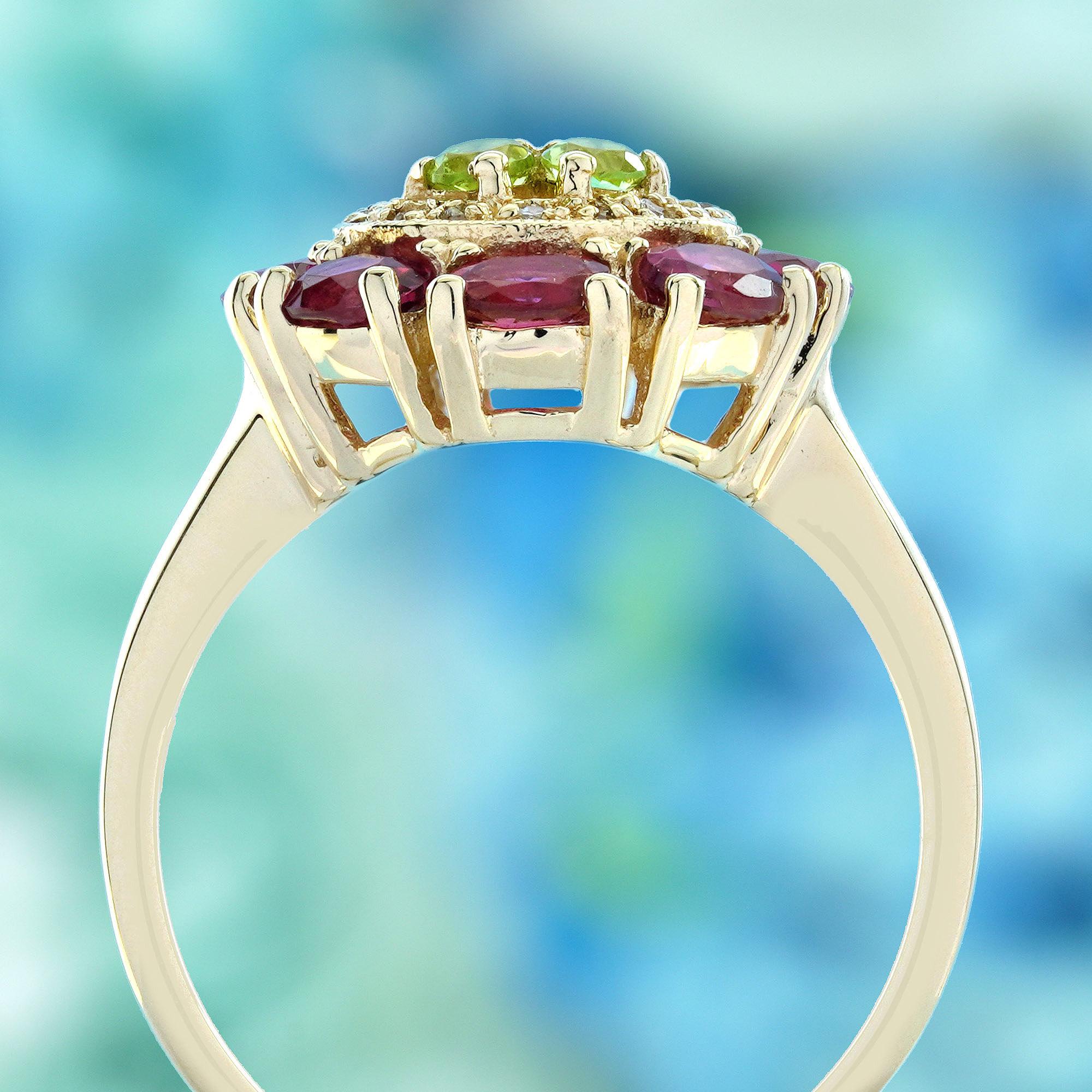 Peridoto auténtico Turmalina rosa Anillo floral de diamantes en oro amarillo de 9 quilates en Nuevo estado para la venta en Bangkok, TH