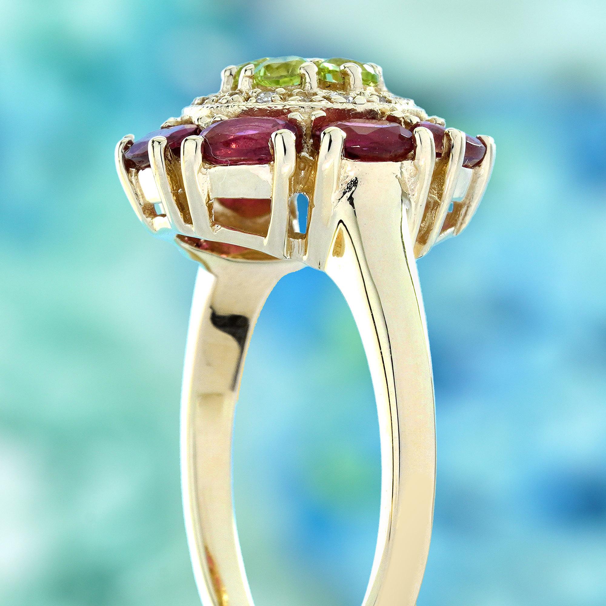 De las mujeres Peridoto auténtico Turmalina rosa Anillo floral de diamantes en oro amarillo de 9 quilates en venta