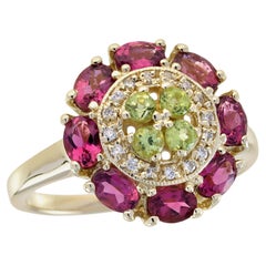 Peridoto auténtico Turmalina rosa Anillo floral de diamantes en oro amarillo de 9 quilates