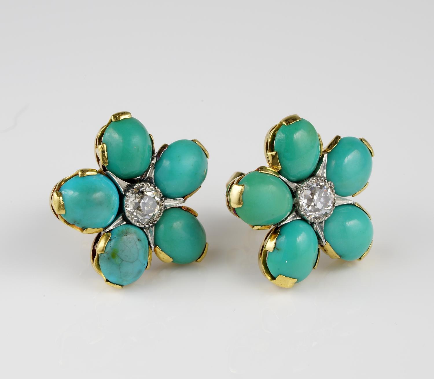 Stunning Floret!

Get in love with this stunning pair of Edwardian era Diamond and Persian Turquoise earrings
Enchanting 20 mm, Diameter just the right size to adorn all day long your ears with something rare and so special
Studs made for easy wear,