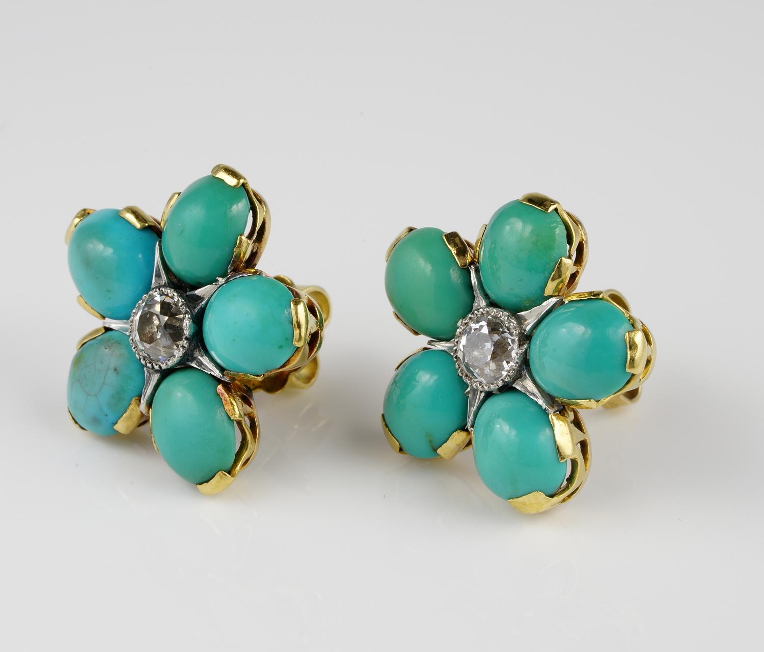 Edwardian Genuine Persian Turquoise .80 Carat Diamond Rare Floret Stud Earrings For Sale