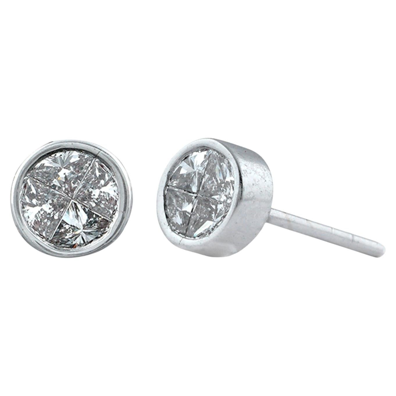 Boucles d'oreilles à tige à pression en or blanc 14 carats, ornées d'un véritable diamant taillé en « pie cut » – Joaillerie de luxe