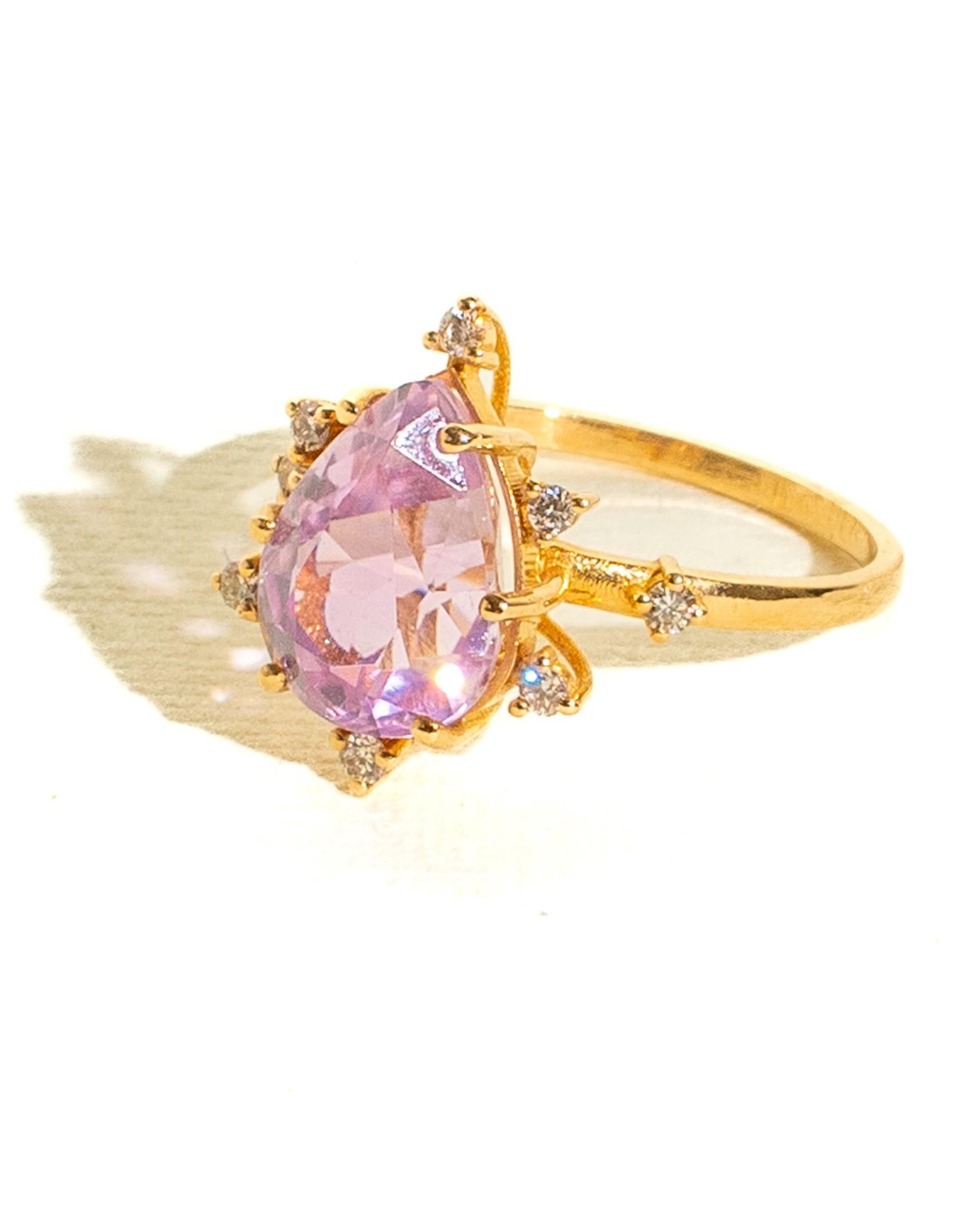 Bague de cocktail en or jaune avec diamant et kunzite rose véritable Neuf - En vente à GOES, NL