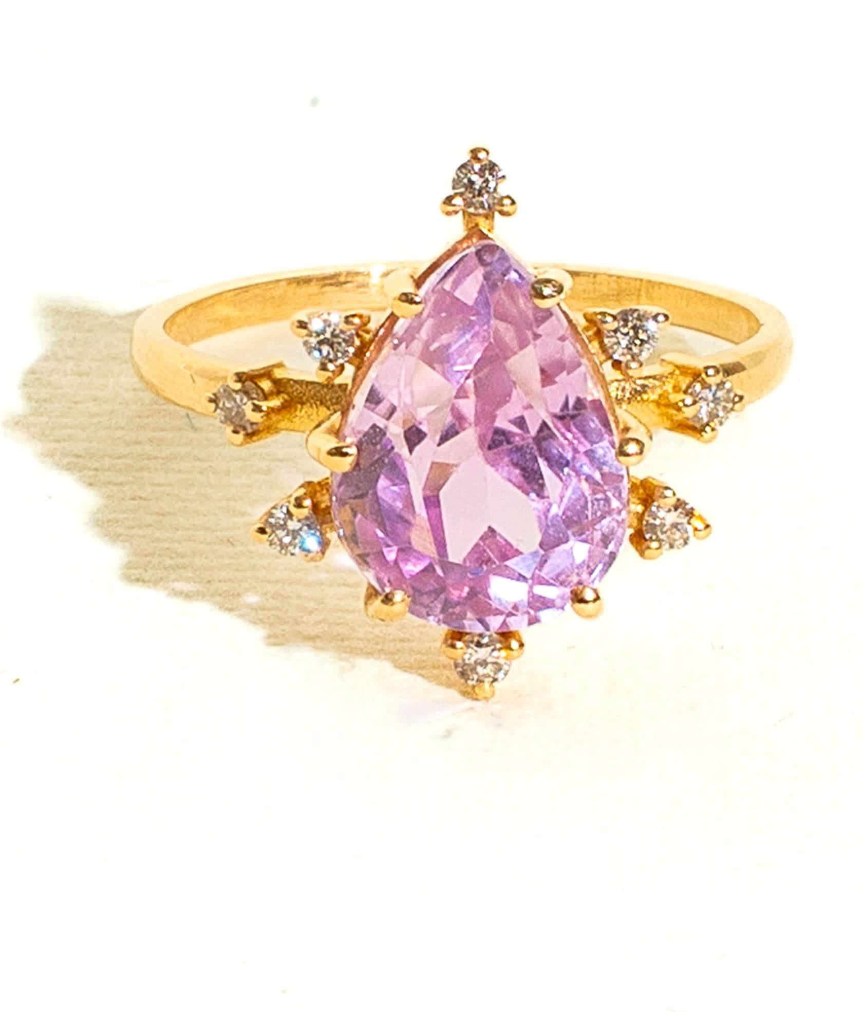 Bague de cocktail en or jaune avec diamant et kunzite rose véritable Pour femmes en vente