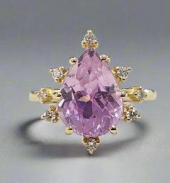 Genuine Pink Kunzite Diamond Statement 14K Yellow Gold Cocktail Ring