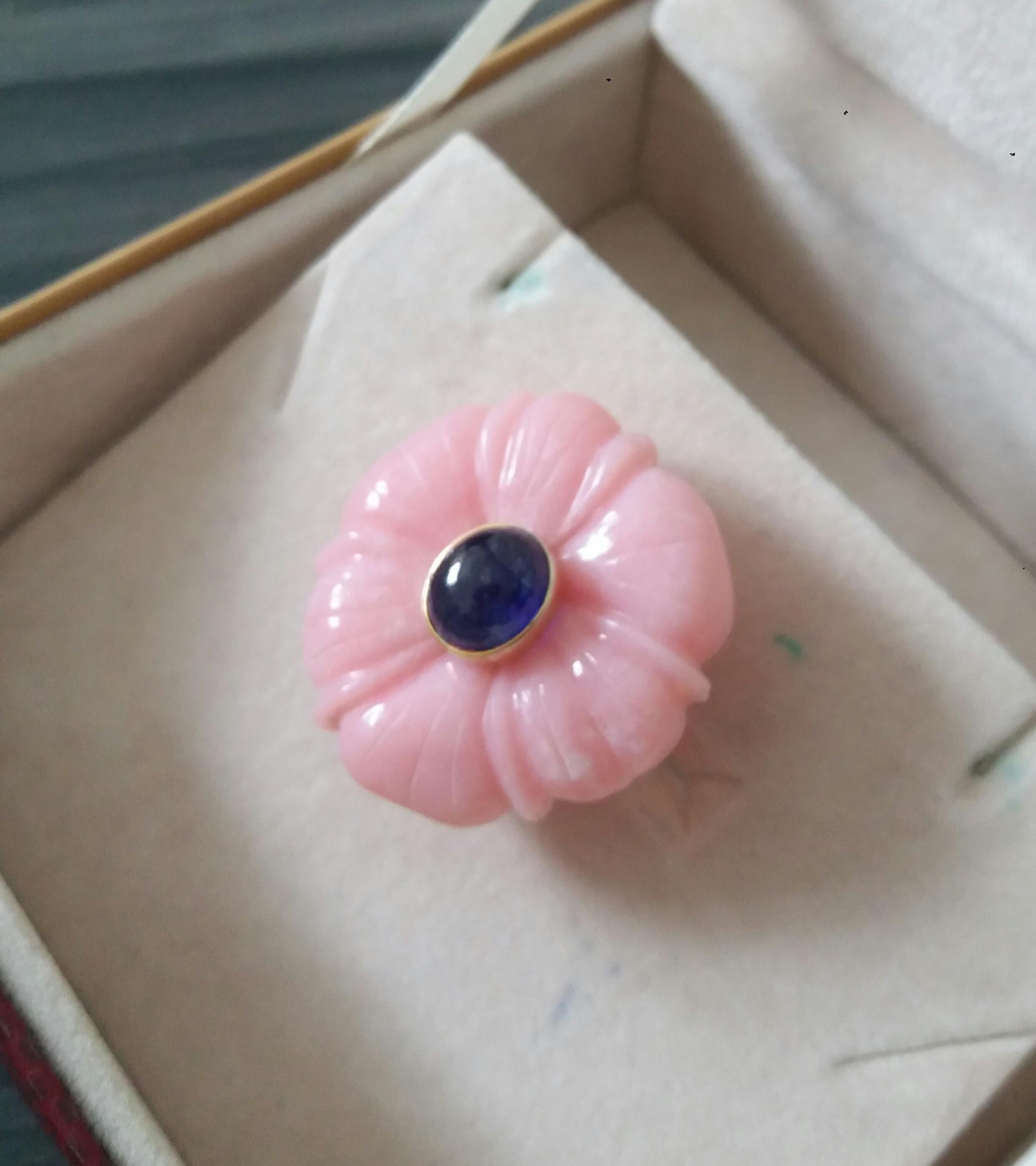 For Sale:  Genuine Pink Opal Flower Oval Blue Sapphire Cabochon Solid 14K Gold Fashion Ring 10