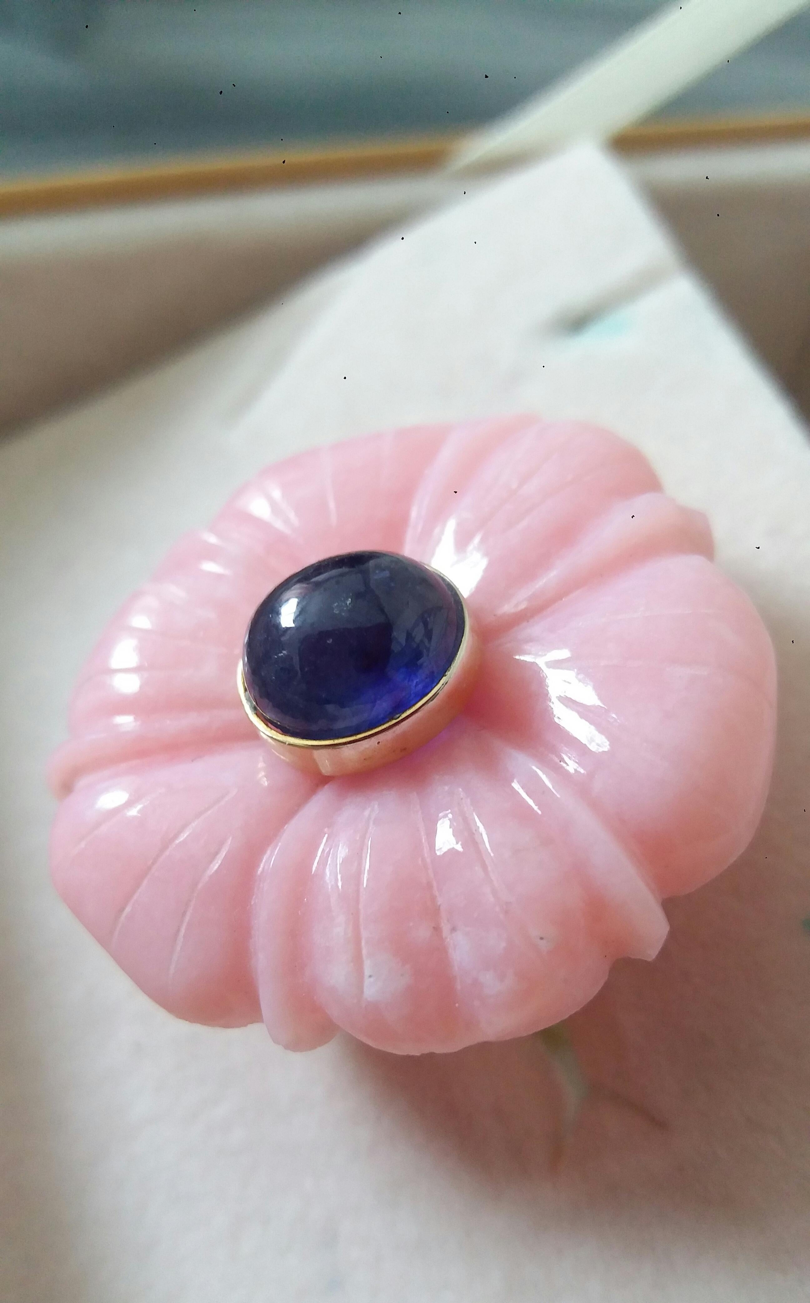 For Sale:  Genuine Pink Opal Flower Oval Blue Sapphire Cabochon Solid 14K Gold Fashion Ring 11