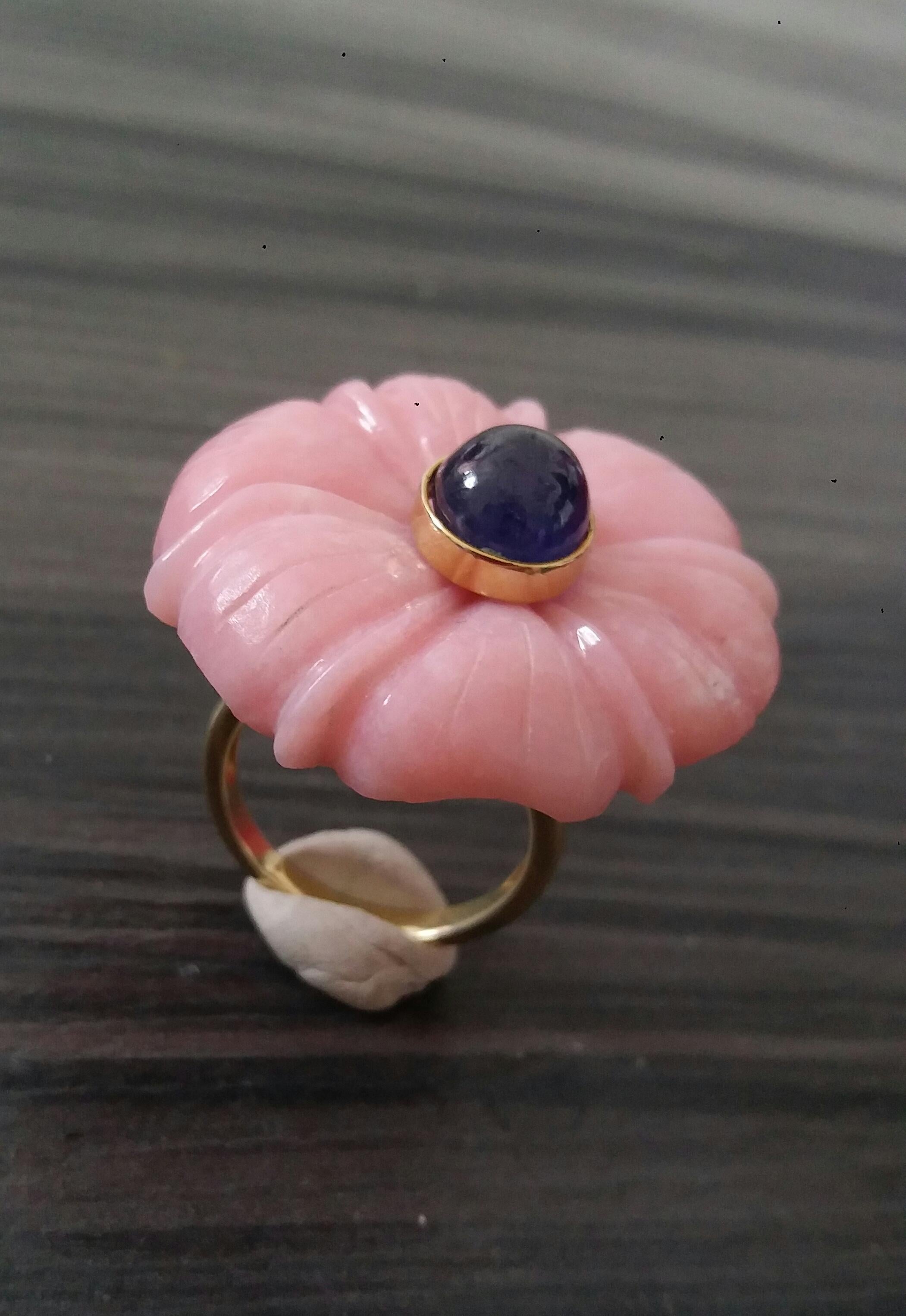 For Sale:  Genuine Pink Opal Flower Oval Blue Sapphire Cabochon Solid 14K Gold Fashion Ring 12