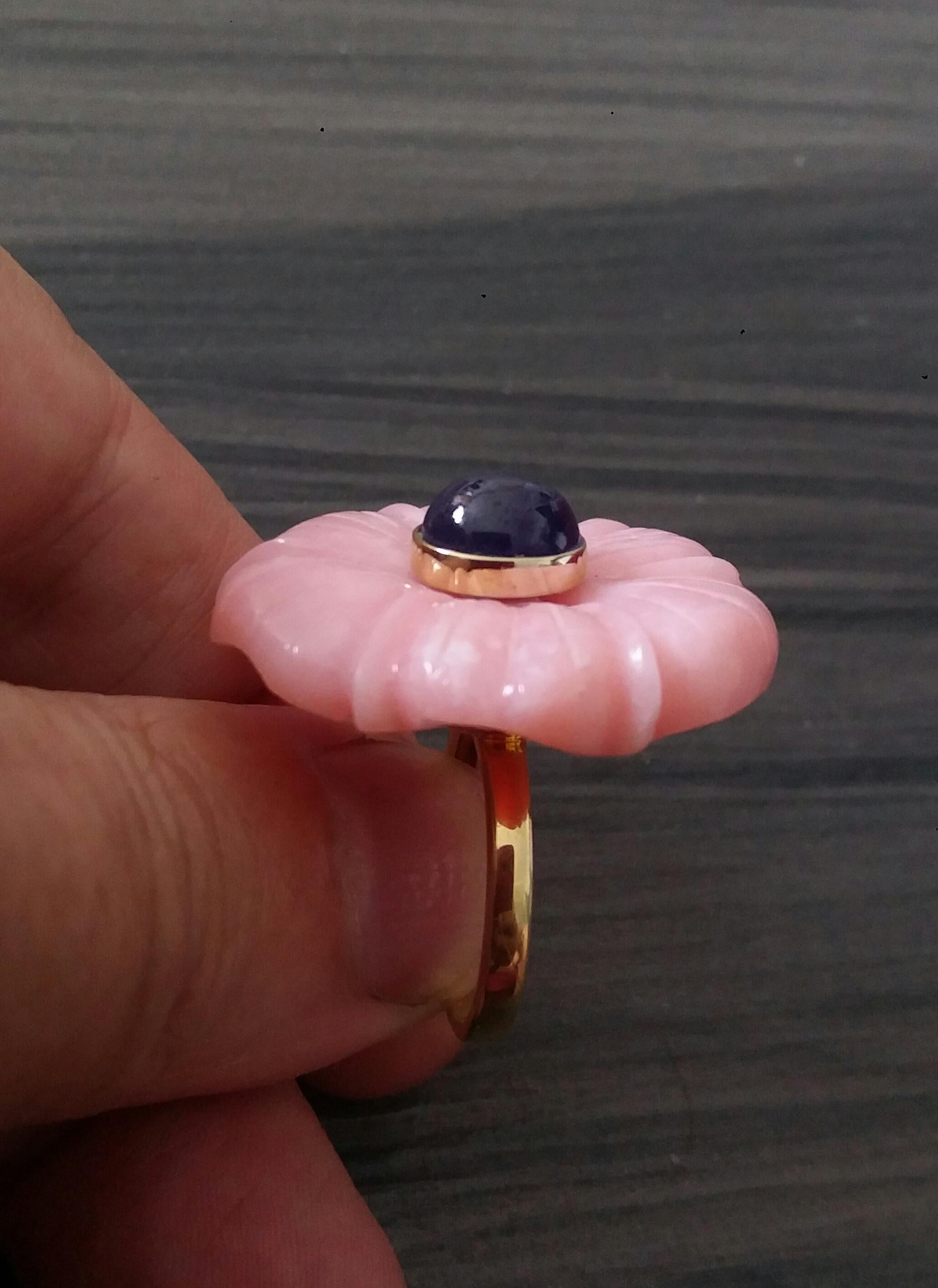 For Sale:  Genuine Pink Opal Flower Oval Blue Sapphire Cabochon Solid 14K Gold Fashion Ring 13