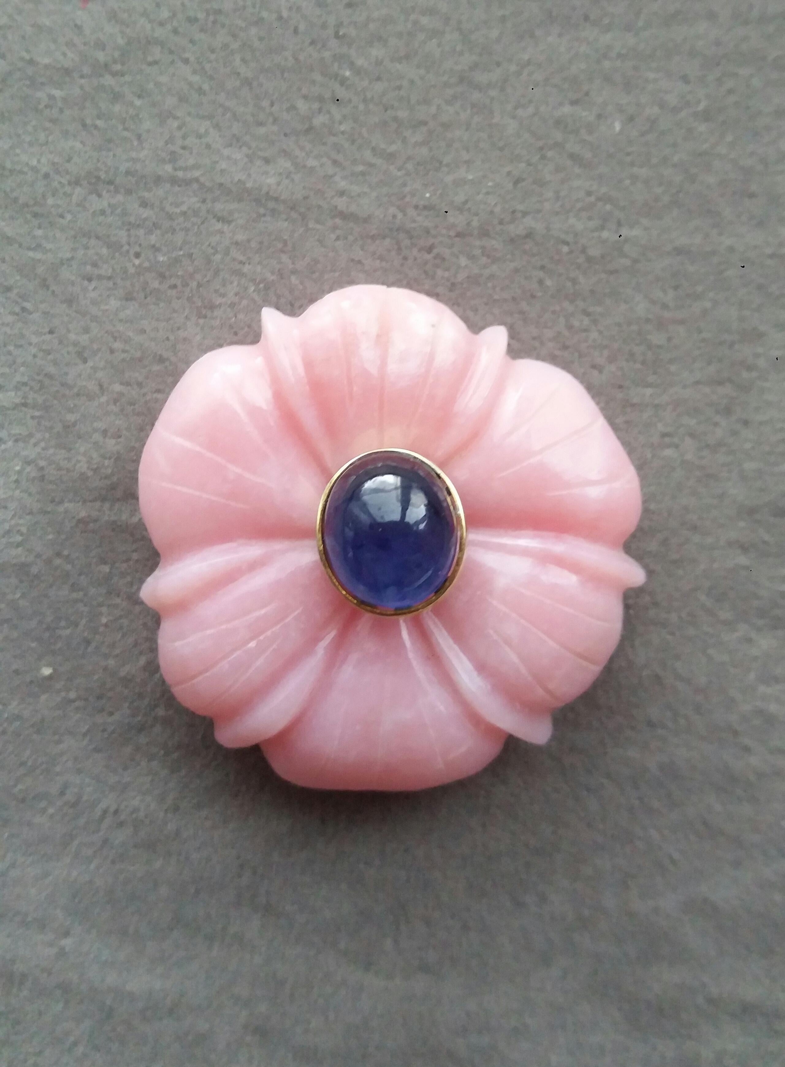 For Sale:  Genuine Pink Opal Flower Oval Blue Sapphire Cabochon Solid 14K Gold Fashion Ring 14