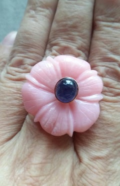Genuine Pink Opal Flower Oval Blue Sapphire Cabochon Solid 14K Gold Fashion Ring