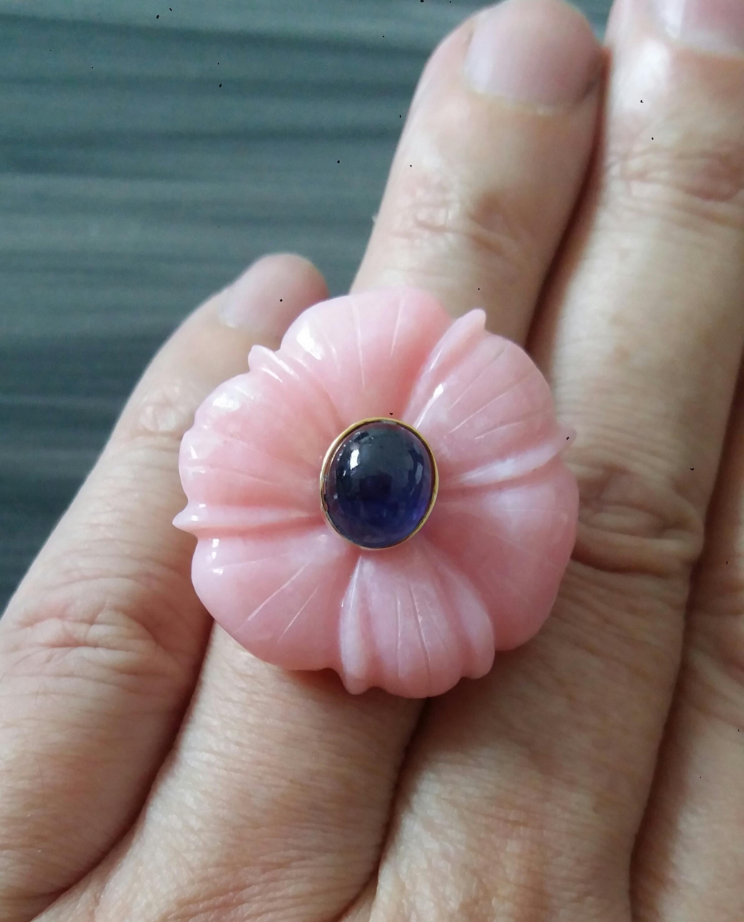 For Sale:  Genuine Pink Opal Flower Oval Blue Sapphire Cabochon Solid 14K Gold Fashion Ring 4