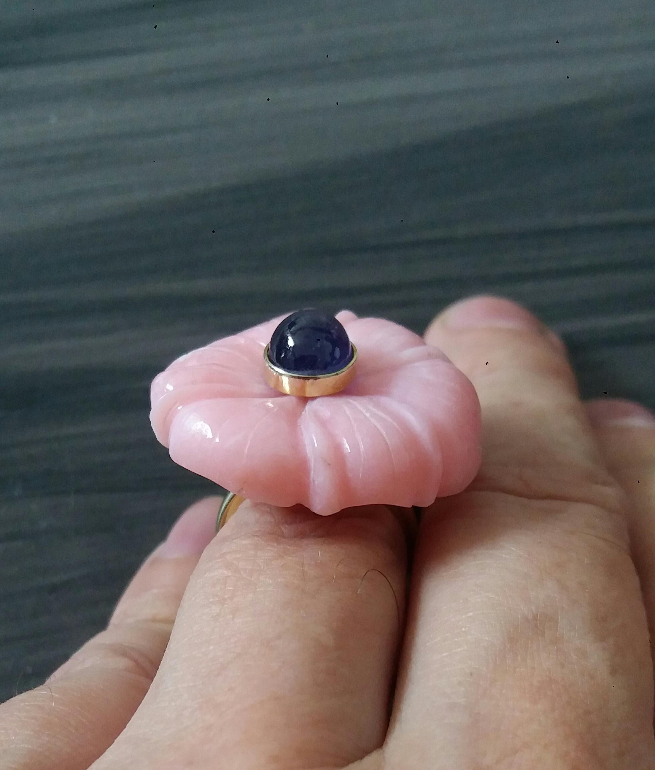 For Sale:  Genuine Pink Opal Flower Oval Blue Sapphire Cabochon Solid 14K Gold Fashion Ring 5