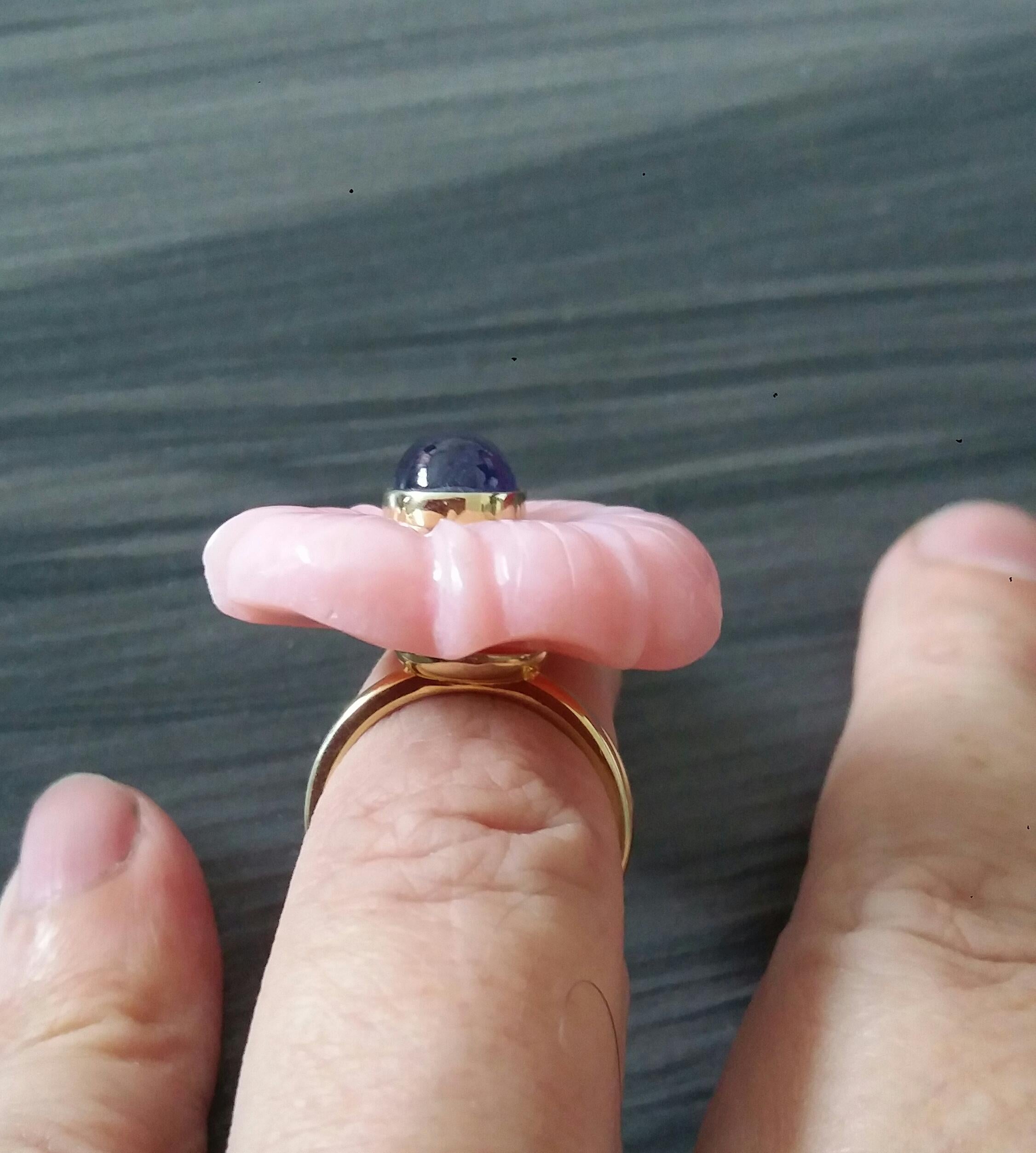 For Sale:  Genuine Pink Opal Flower Oval Blue Sapphire Cabochon Solid 14K Gold Fashion Ring 6