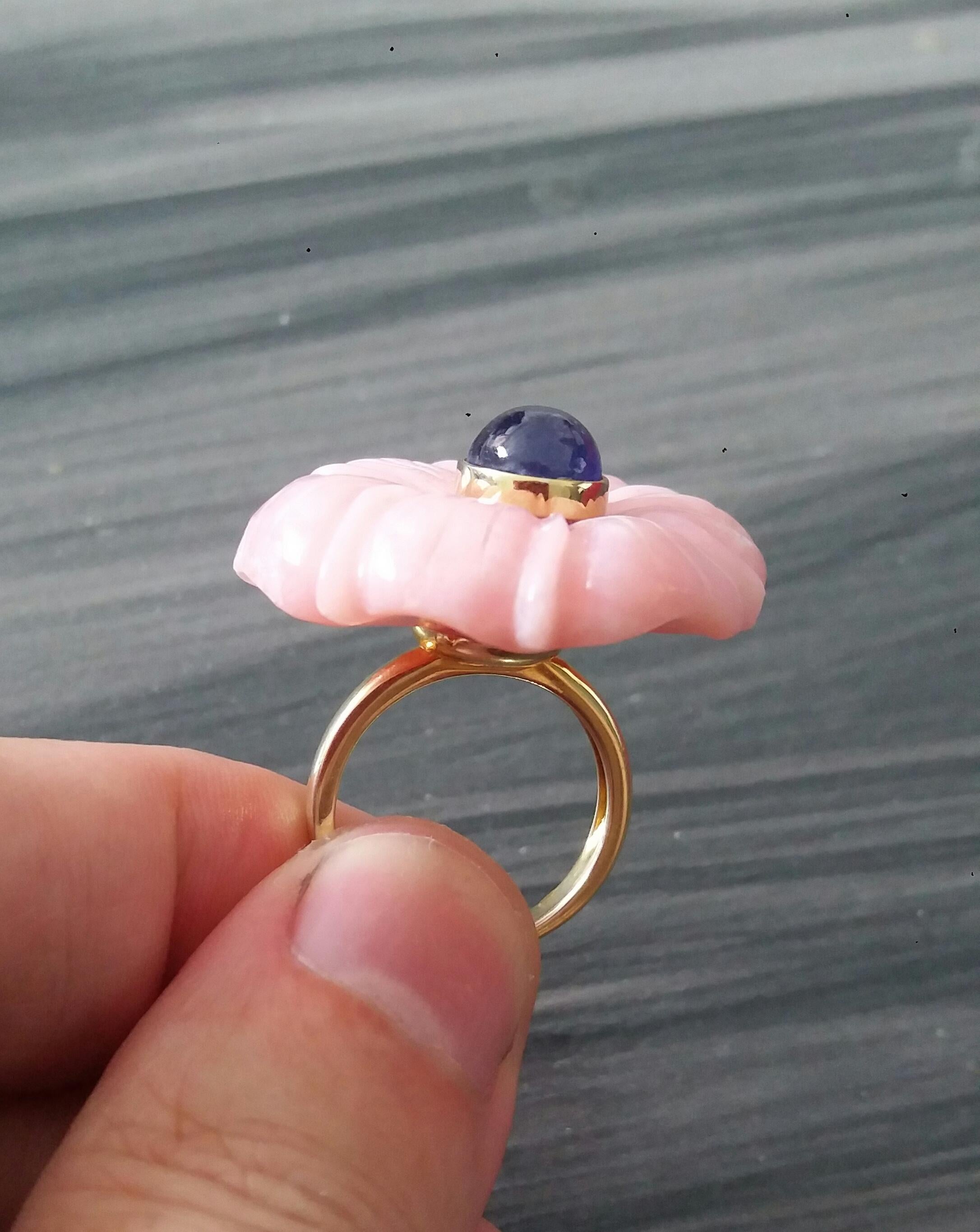For Sale:  Genuine Pink Opal Flower Oval Blue Sapphire Cabochon Solid 14K Gold Fashion Ring 7