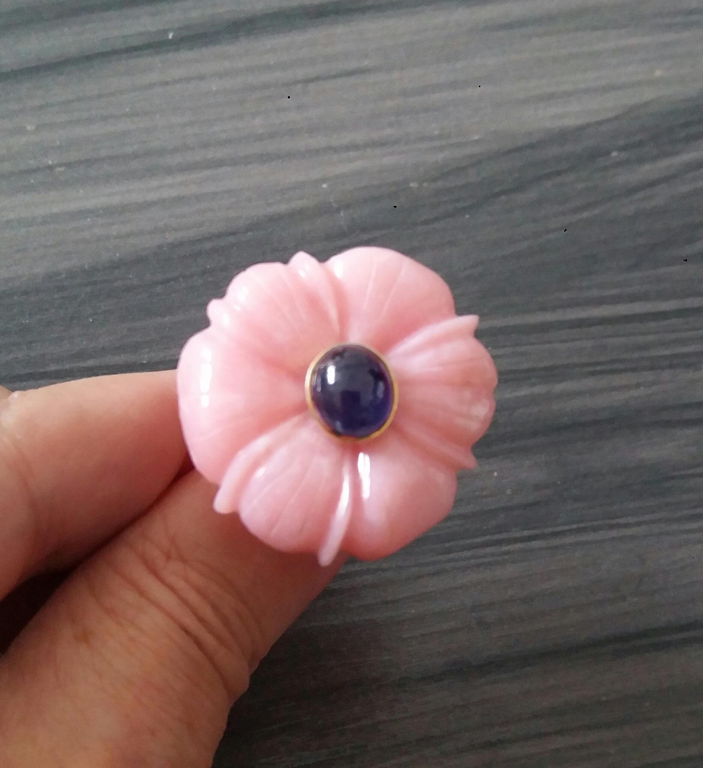 For Sale:  Genuine Pink Opal Flower Oval Blue Sapphire Cabochon Solid 14K Gold Fashion Ring 8