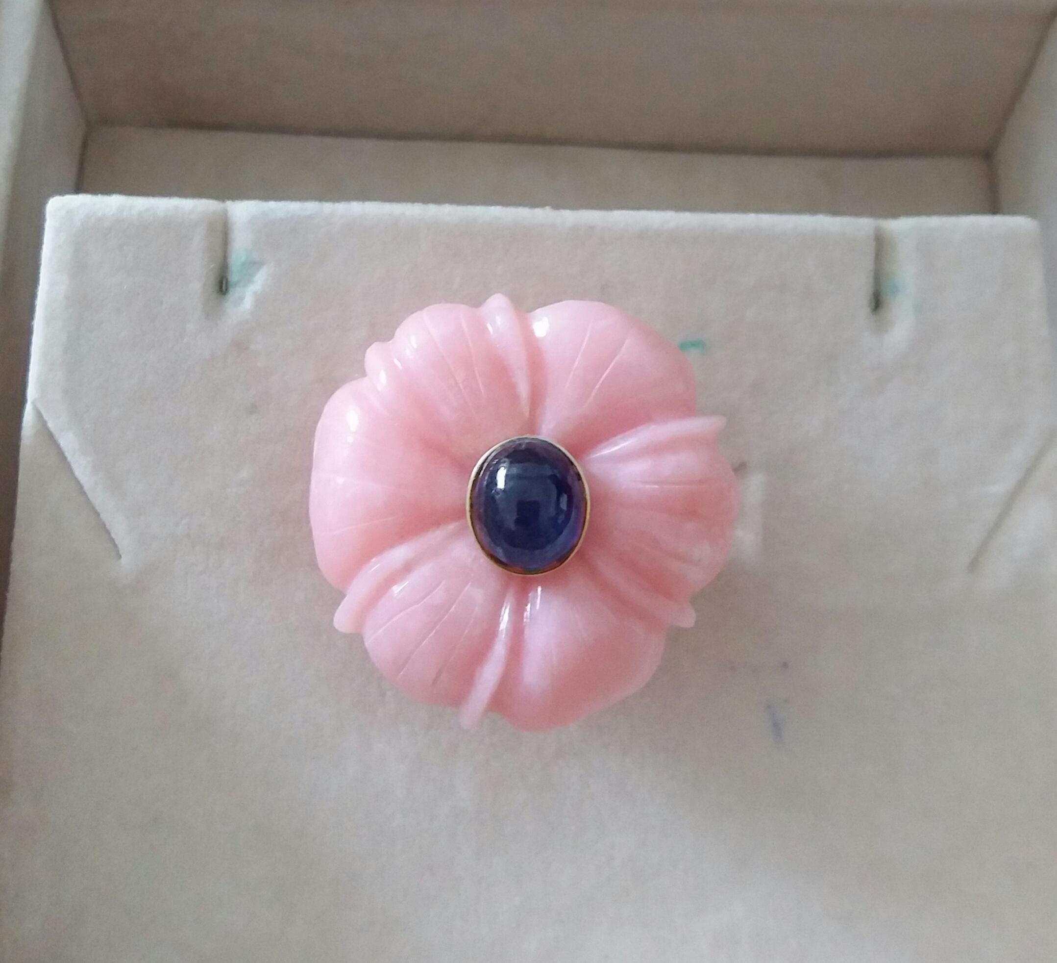 For Sale:  Genuine Pink Opal Flower Oval Blue Sapphire Cabochon Solid 14K Gold Fashion Ring 9