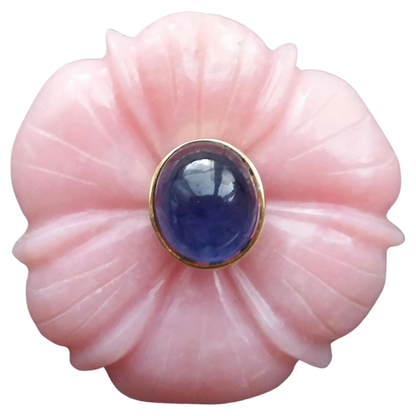 For Sale:  Genuine Pink Opal Flower Oval Blue Sapphire Cabochon Solid 14K Gold Fashion Ring