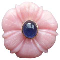 Genuine Pink Opal Flower Oval Blue Sapphire Cabochon Solid 14K Gold Fashion Ring