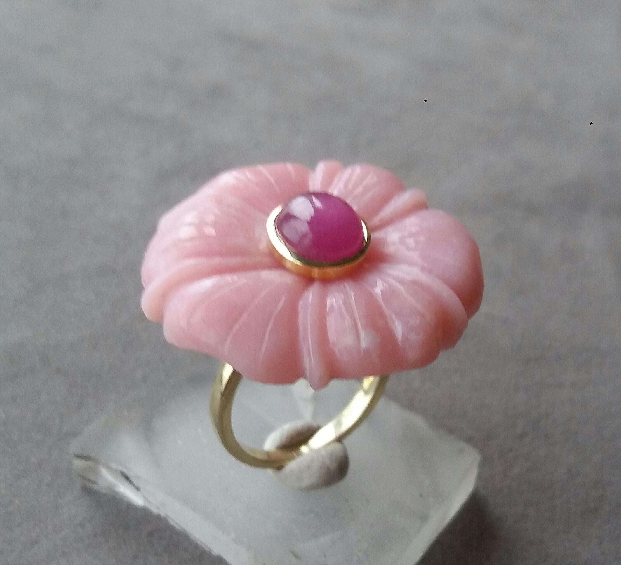 For Sale:  Genuine Pink Opal Flower Oval Ruby Cabochon Solid 14K Yellow  Gold Fashion Ring 10