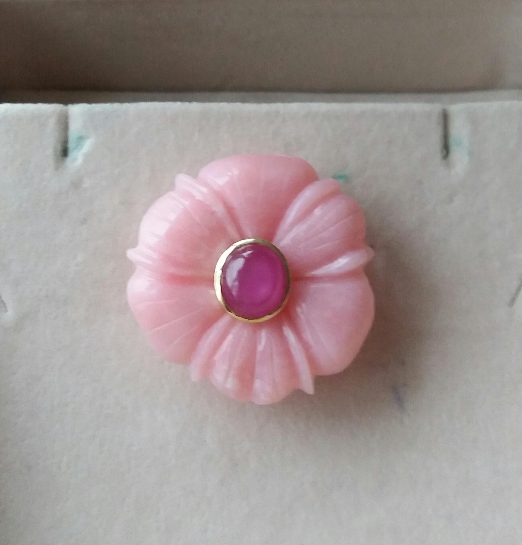 For Sale:  Genuine Pink Opal Flower Oval Ruby Cabochon Solid 14K Yellow  Gold Fashion Ring 11