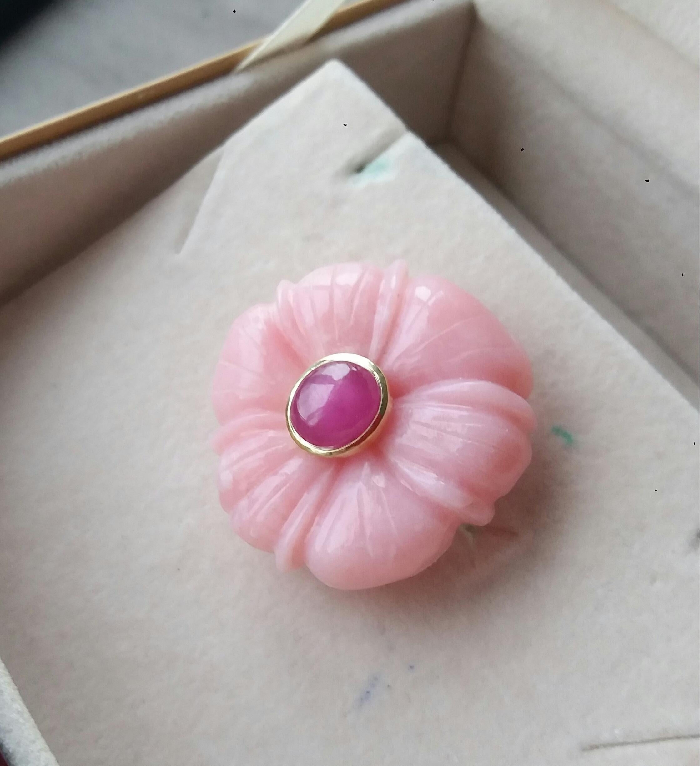 For Sale:  Genuine Pink Opal Flower Oval Ruby Cabochon Solid 14K Yellow  Gold Fashion Ring 12