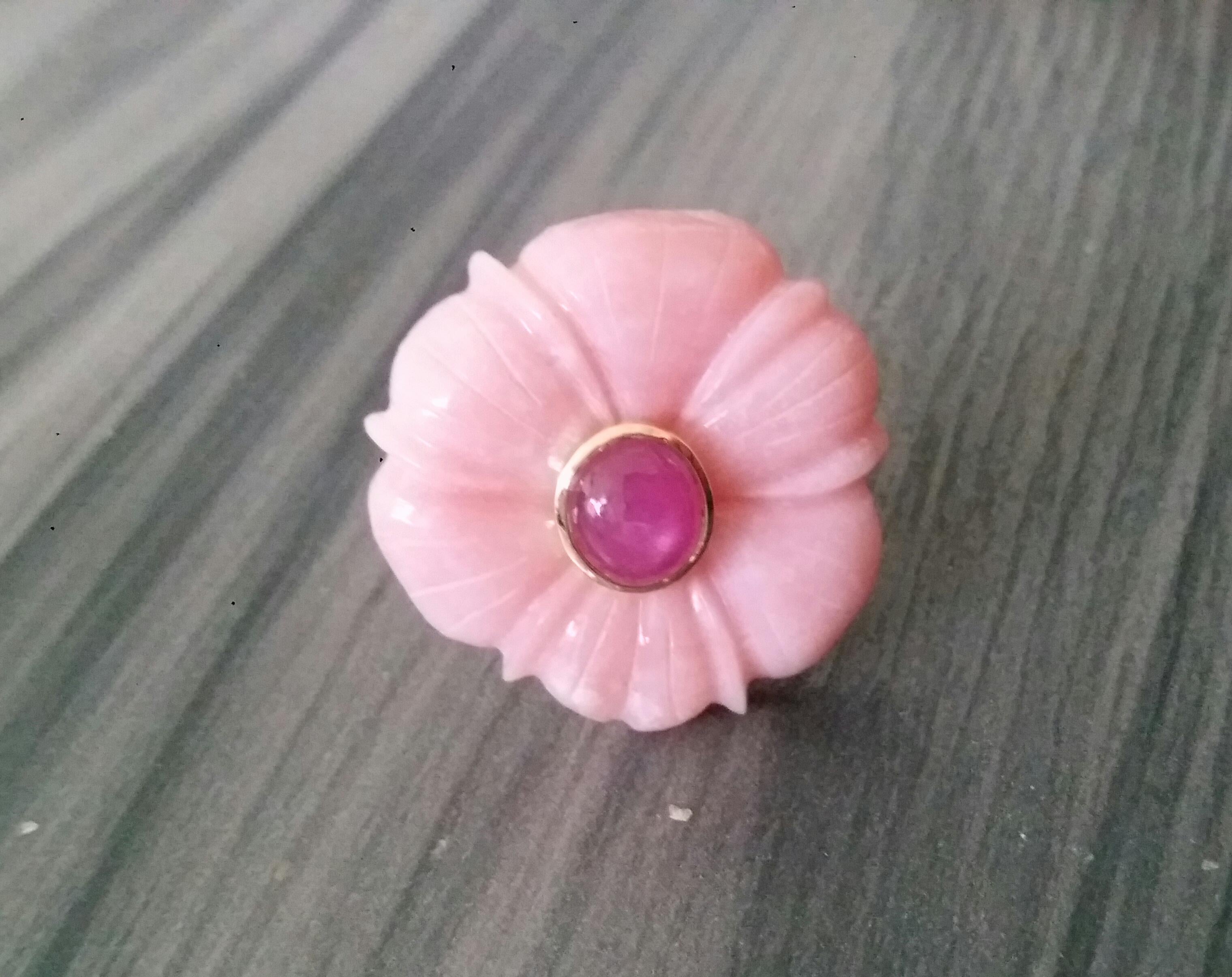 For Sale:  Genuine Pink Opal Flower Oval Ruby Cabochon Solid 14K Yellow  Gold Fashion Ring 2
