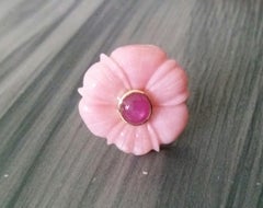 Genuine Pink Opal Flower Oval Ruby Cabochon Solid 14K Yellow  Gold Fashion Ring