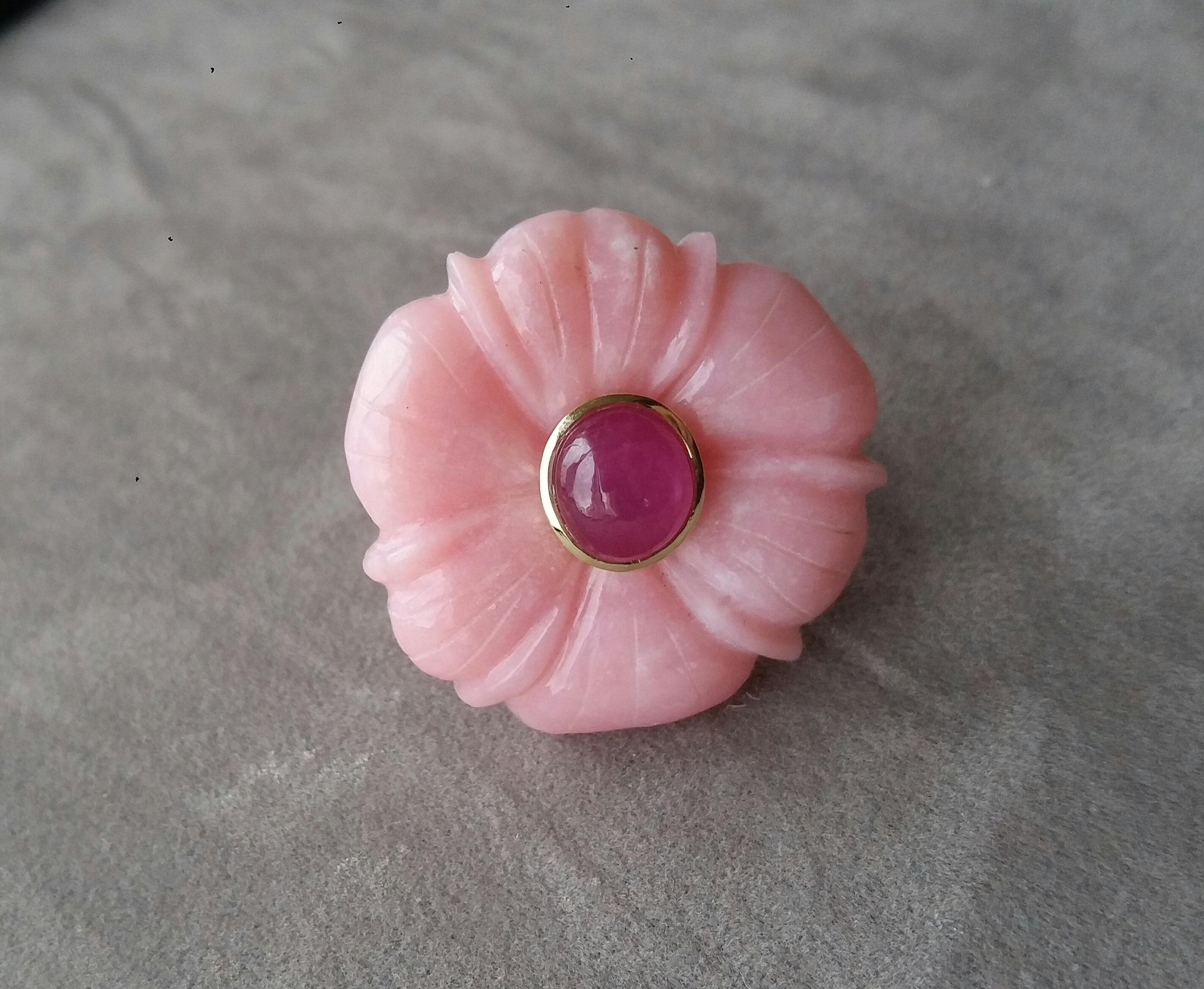 For Sale:  Genuine Pink Opal Flower Oval Ruby Cabochon Solid 14K Yellow  Gold Fashion Ring 3