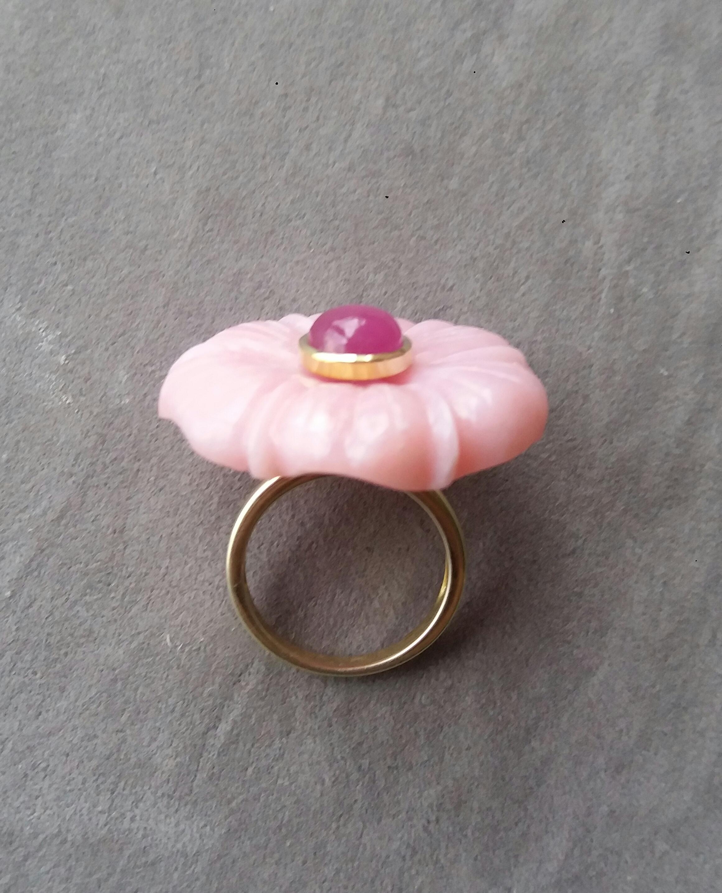 For Sale:  Genuine Pink Opal Flower Oval Ruby Cabochon Solid 14K Yellow  Gold Fashion Ring 4