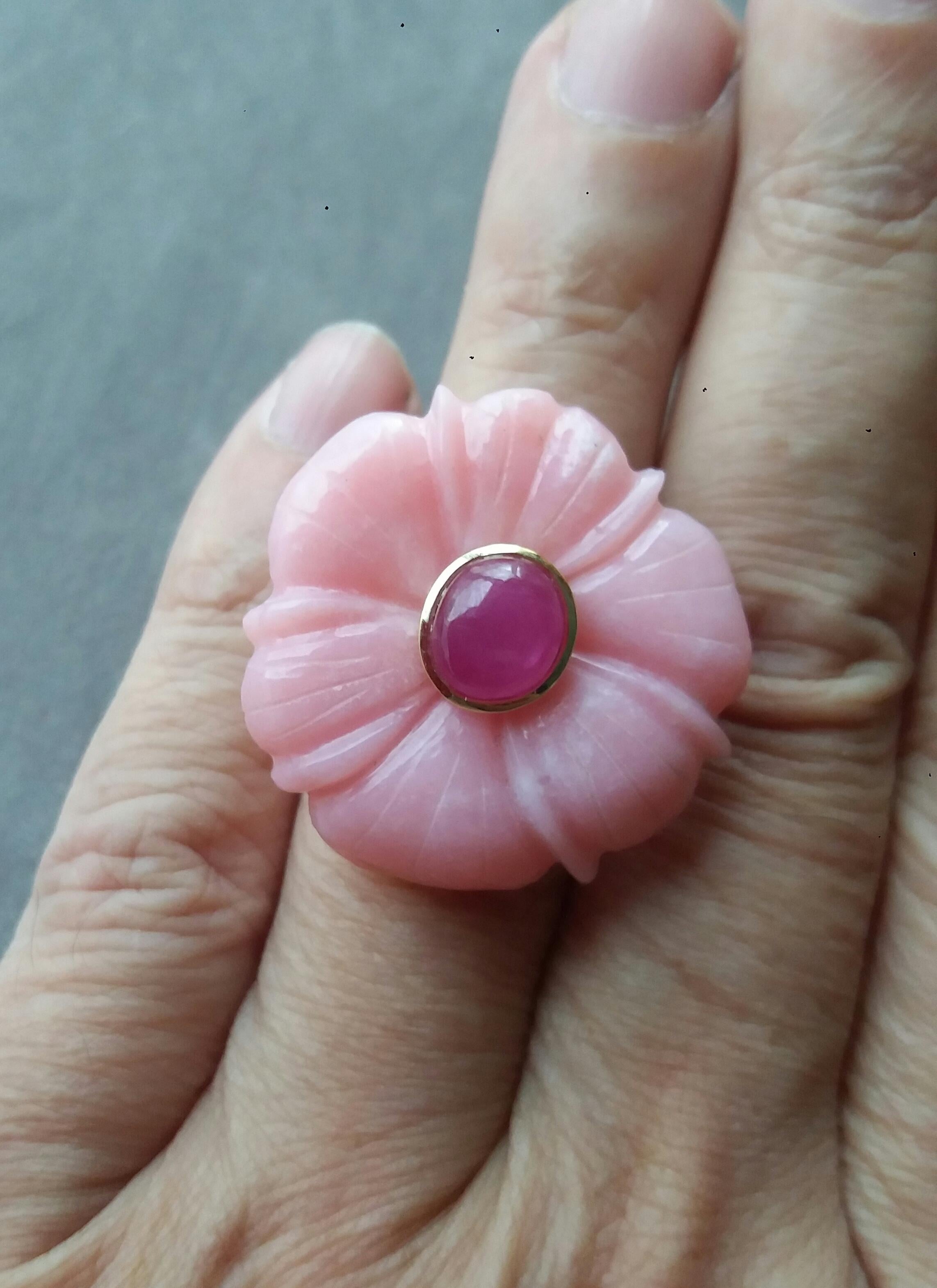 For Sale:  Genuine Pink Opal Flower Oval Ruby Cabochon Solid 14K Yellow  Gold Fashion Ring 5