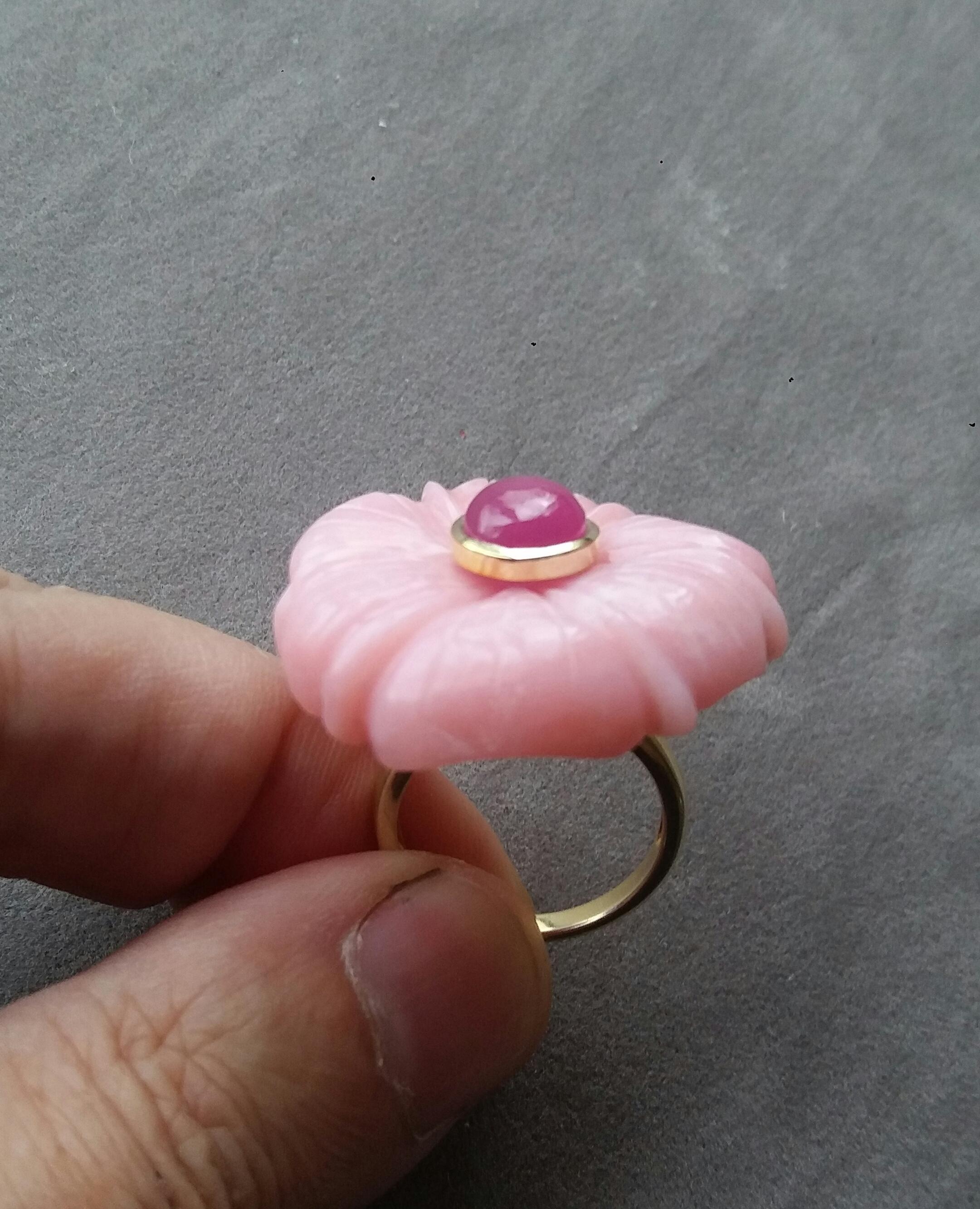 For Sale:  Genuine Pink Opal Flower Oval Ruby Cabochon Solid 14K Yellow  Gold Fashion Ring 6