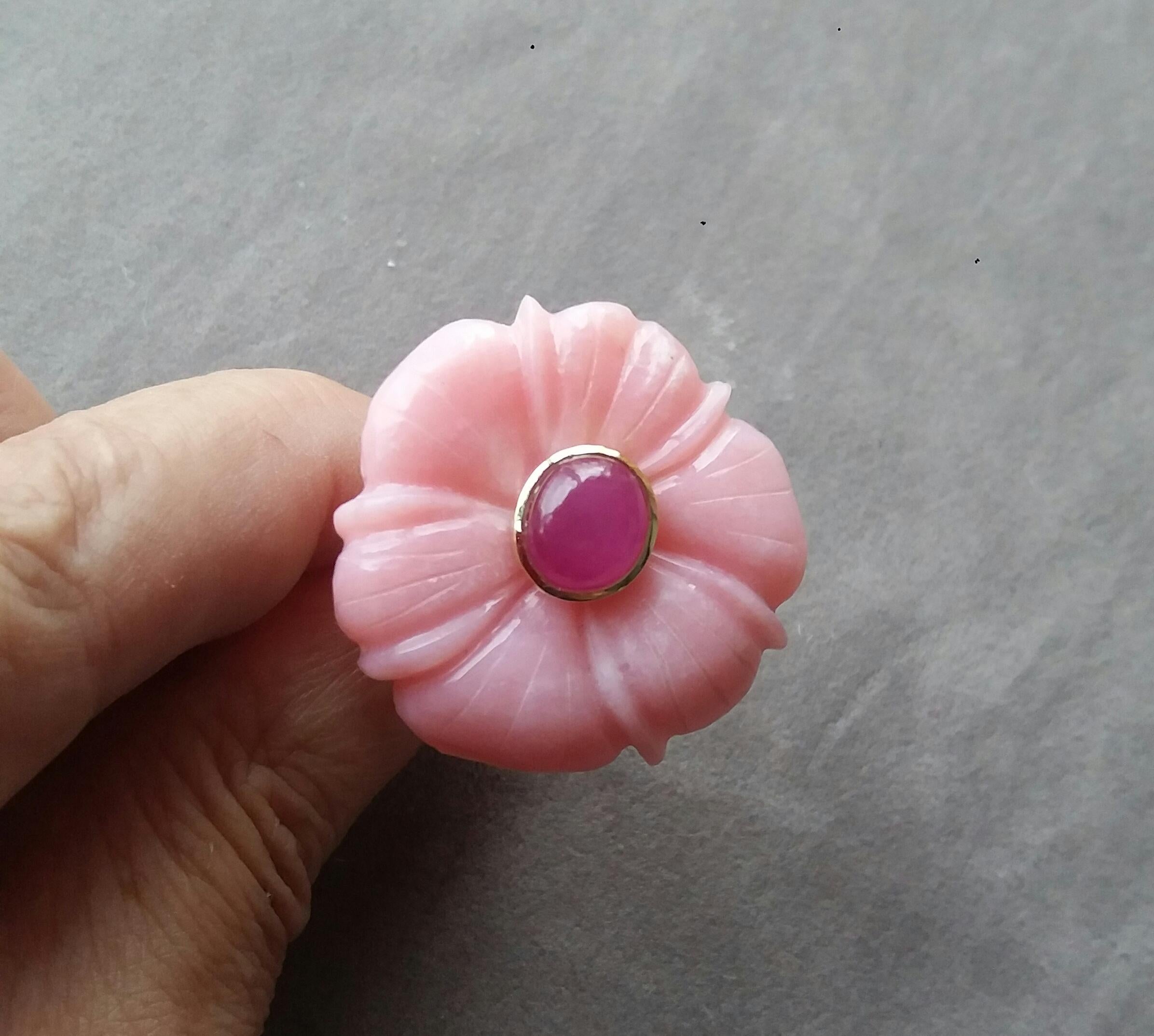 For Sale:  Genuine Pink Opal Flower Oval Ruby Cabochon Solid 14K Yellow  Gold Fashion Ring 7