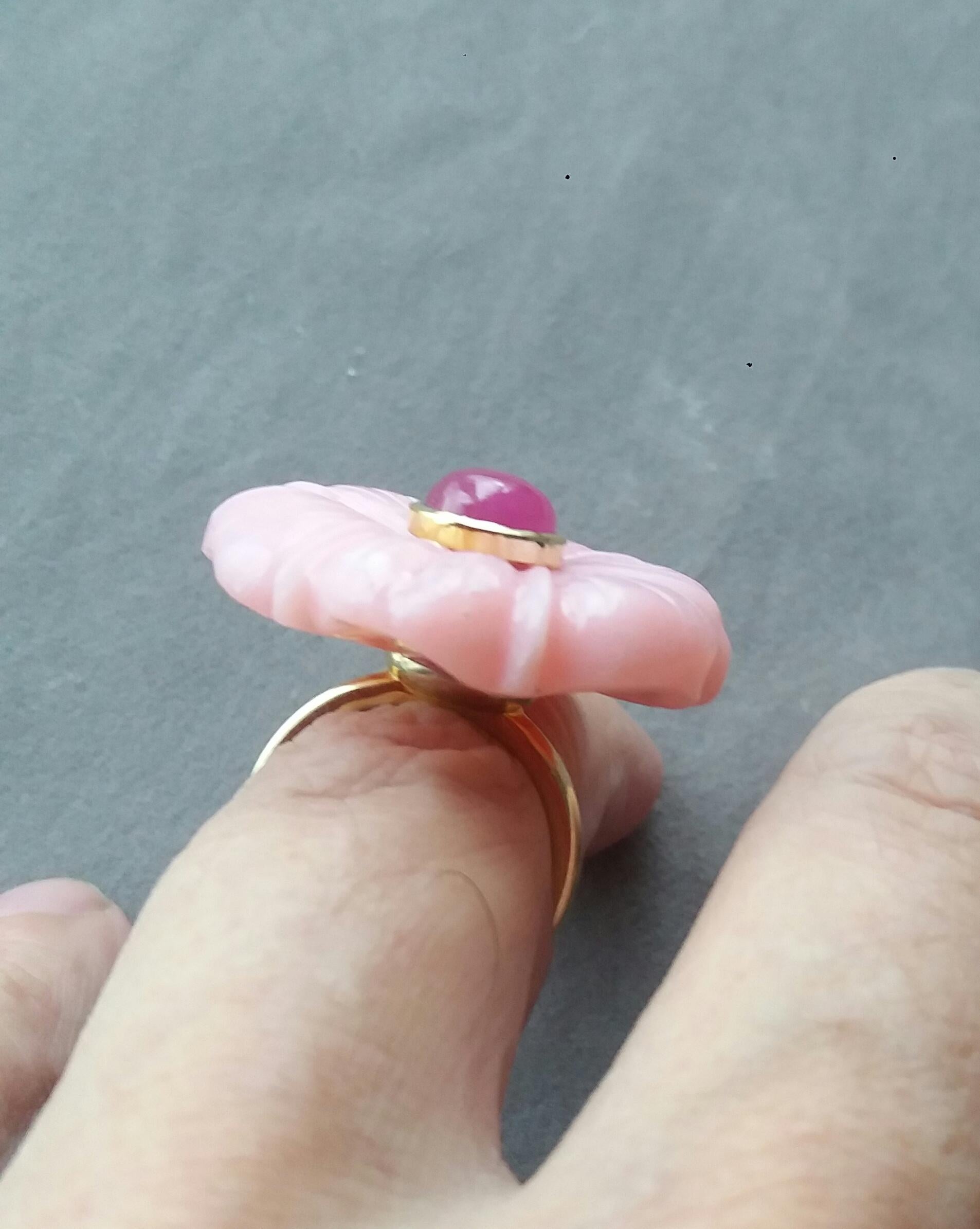 For Sale:  Genuine Pink Opal Flower Oval Ruby Cabochon Solid 14K Yellow  Gold Fashion Ring 8