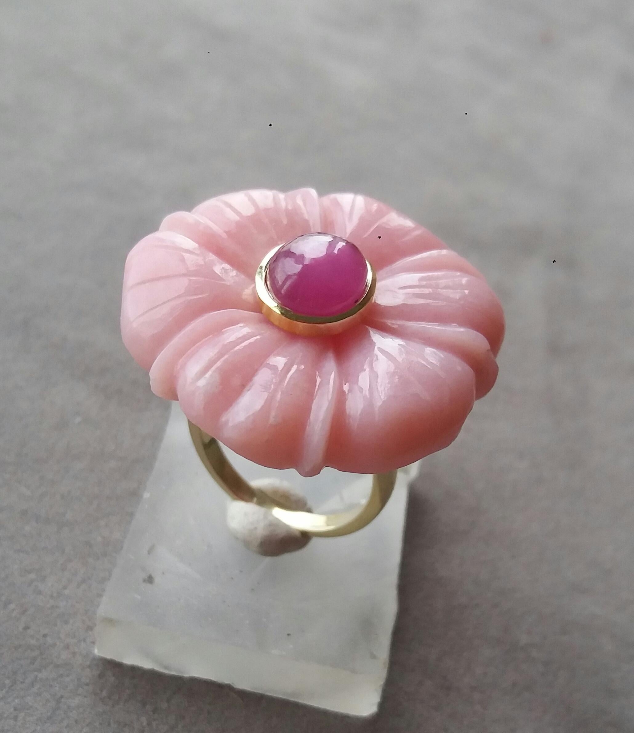 For Sale:  Genuine Pink Opal Flower Oval Ruby Cabochon Solid 14K Yellow  Gold Fashion Ring 9