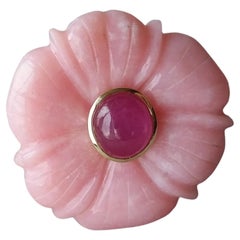 Genuine Pink Opal Flower Oval Ruby Cabochon Solid 14K Yellow  Gold Fashion Ring