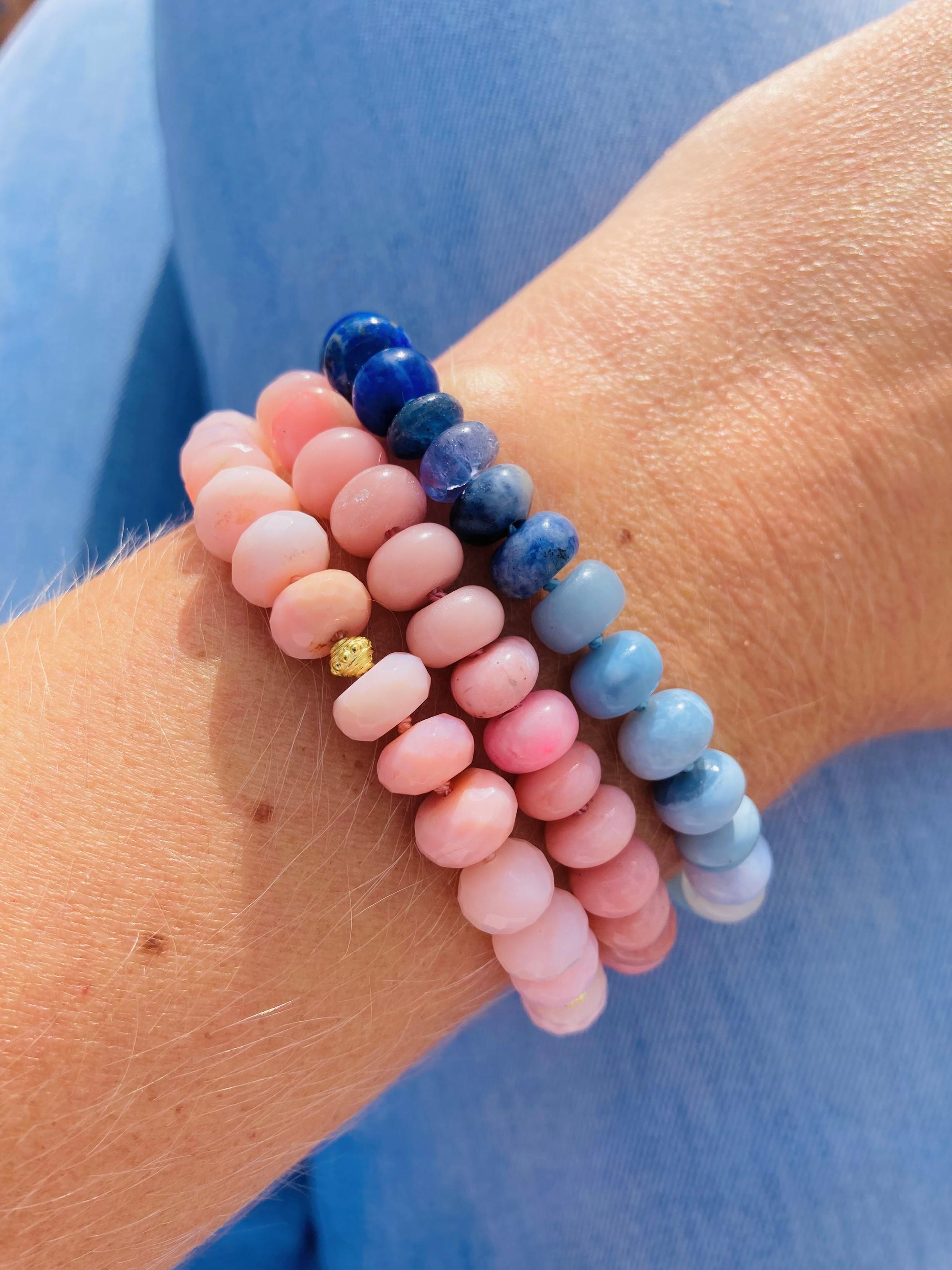 Modern Genuine Blush Pink Opal Beaded Yellow Gold Bracelet For Sale