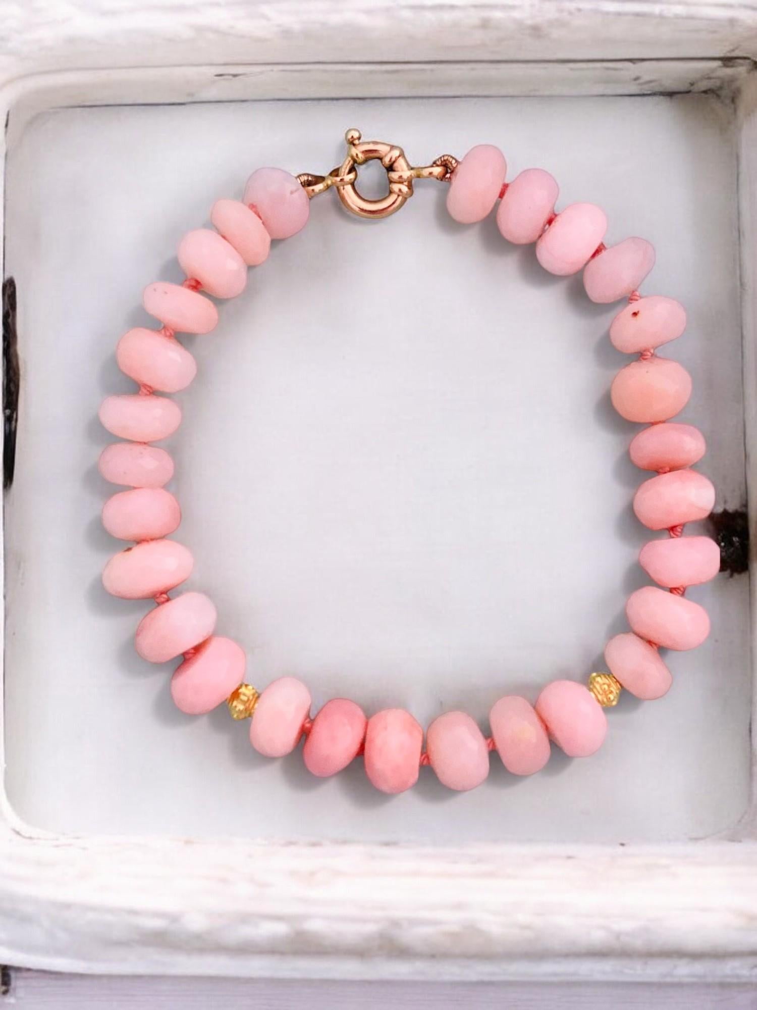 Women's Genuine Blush Pink Opal Beaded Yellow Gold Bracelet For Sale
