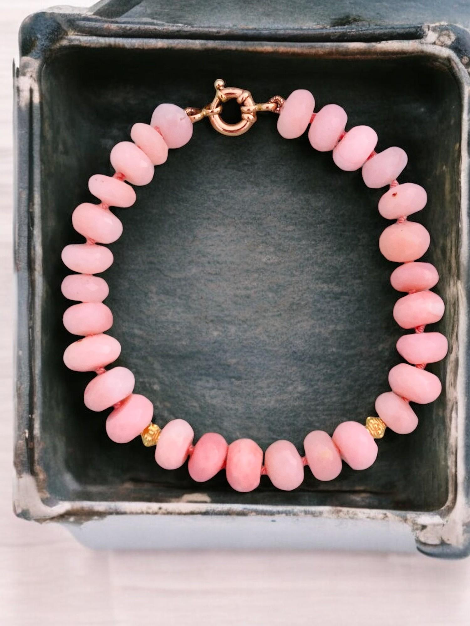 Genuine Blush Pink Opal Beaded Yellow Gold Bracelet For Sale 1