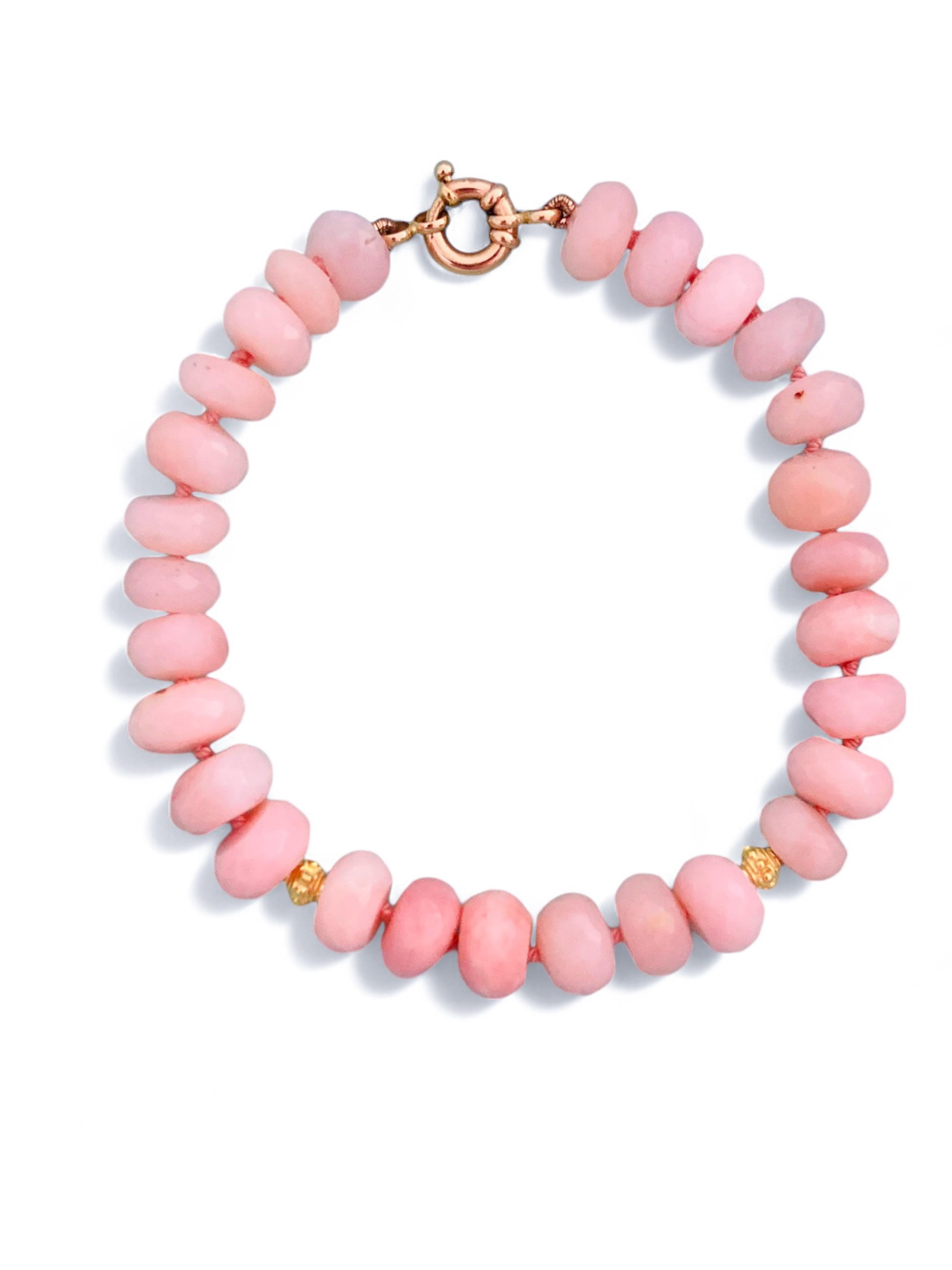 Genuine Blush Pink Opal Beaded Yellow Gold Bracelet For Sale 2