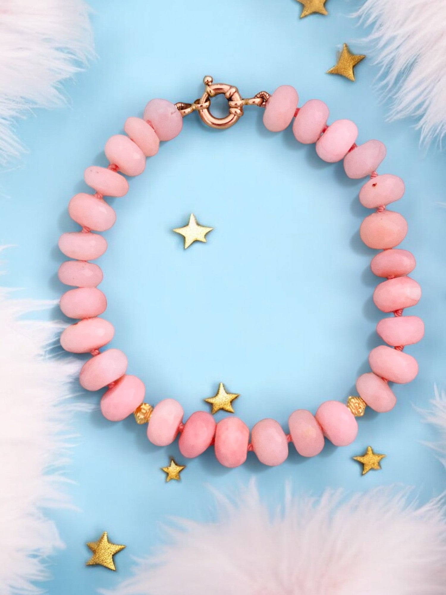 Genuine Blush Pink Opal Beaded Yellow Gold Bracelet
