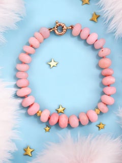 Genuine Blush Pink Opal Beaded Yellow Gold Bracelet