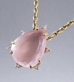 Colgante de Diamantes de Oro Amarillo con Cuarzo Rosa Rosa Auténtico