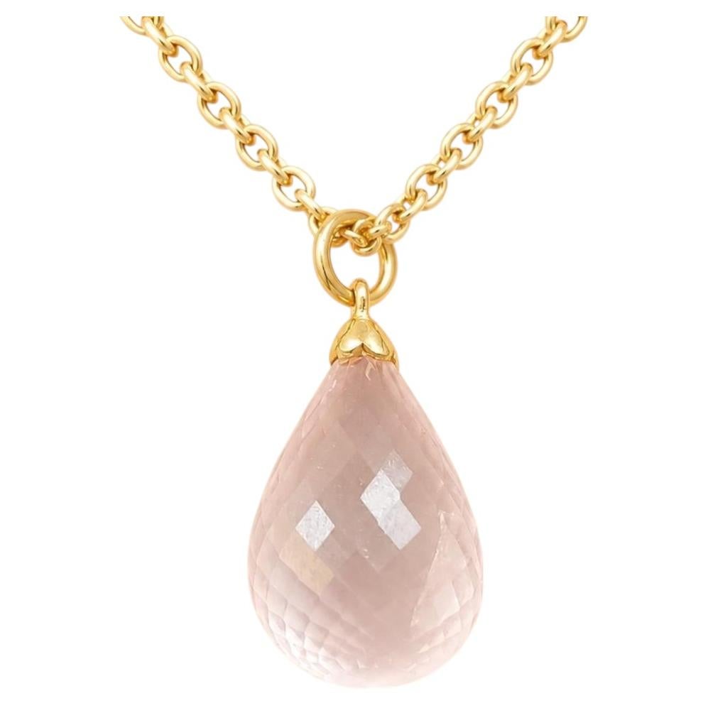 Pendentif en forme de goutte en quartz rose véritable et or jaune en vente