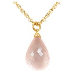 Genuine Pink Rose Quartz Yellow Gold Drop Pendant