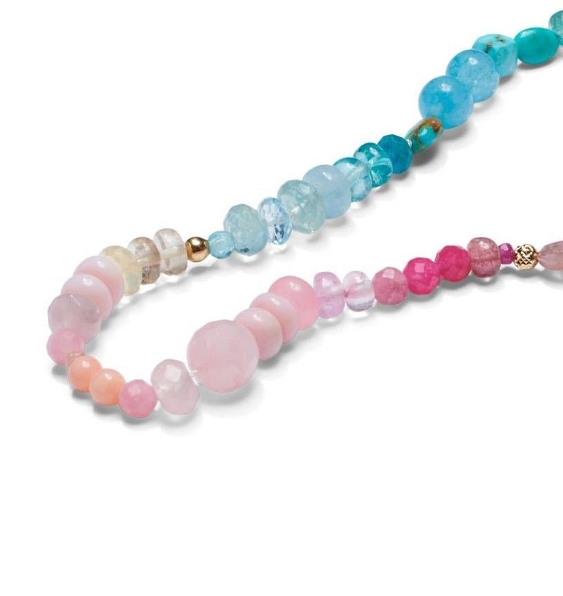 Women's Genuine Pink Sapphire and Arizona Turquoise Yellow Gold Necklace For Sale