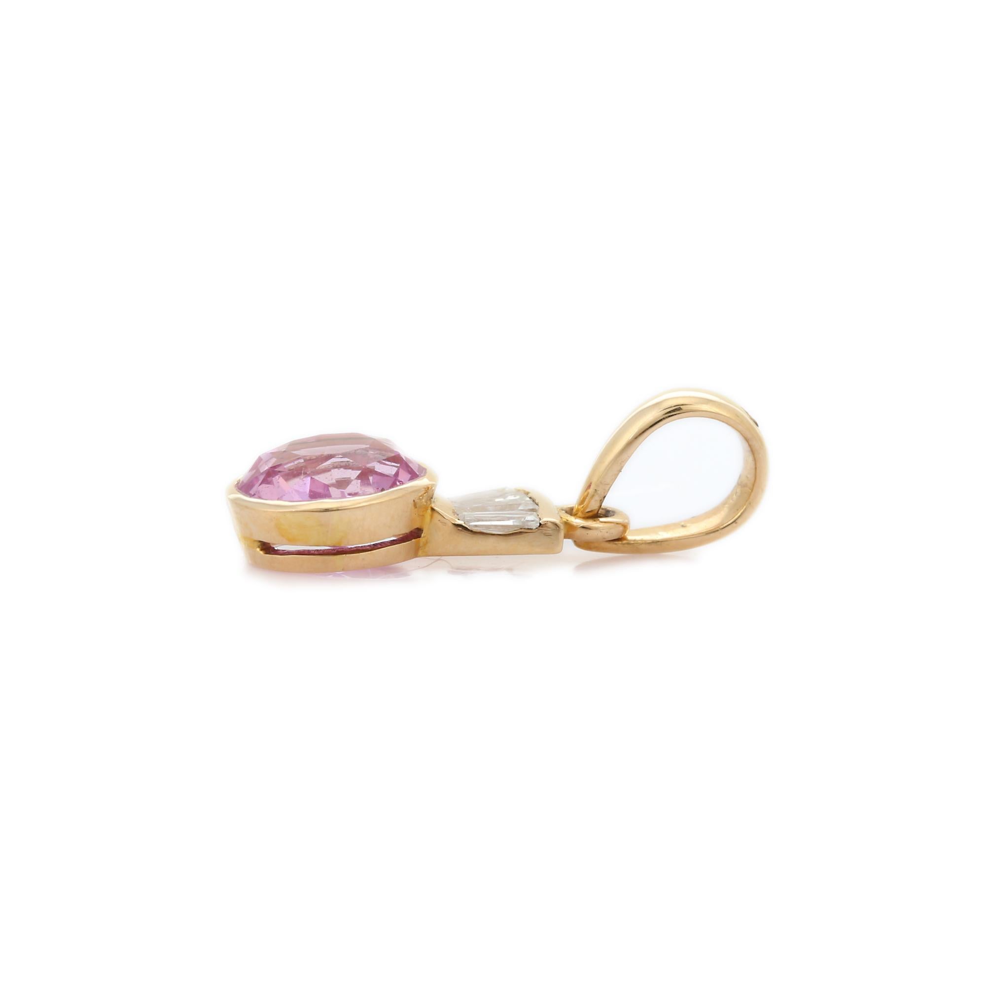 Pink Sapphire pendant in 18K Gold. It has a oval cut sapphire studded with diamonds that completes your look with a decent touch. Pendants are used to wear or gifted to represent love and promises. It's an attractive jewelry piece that goes with