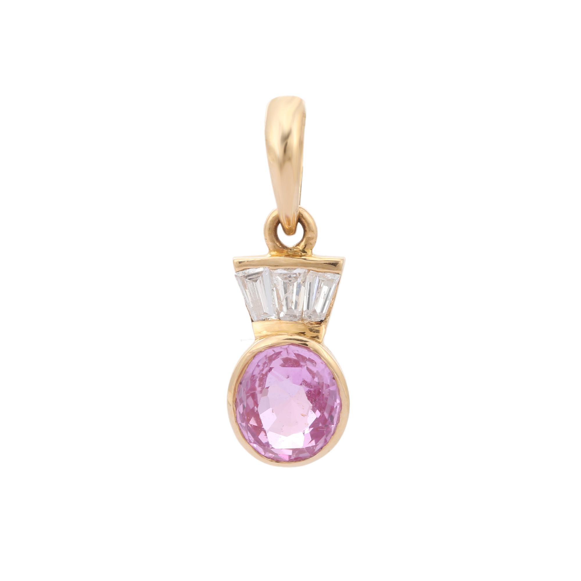 Art Deco Genuine Pink Sapphire and Diamond Pendant in 18K Yellow Gold  For Sale