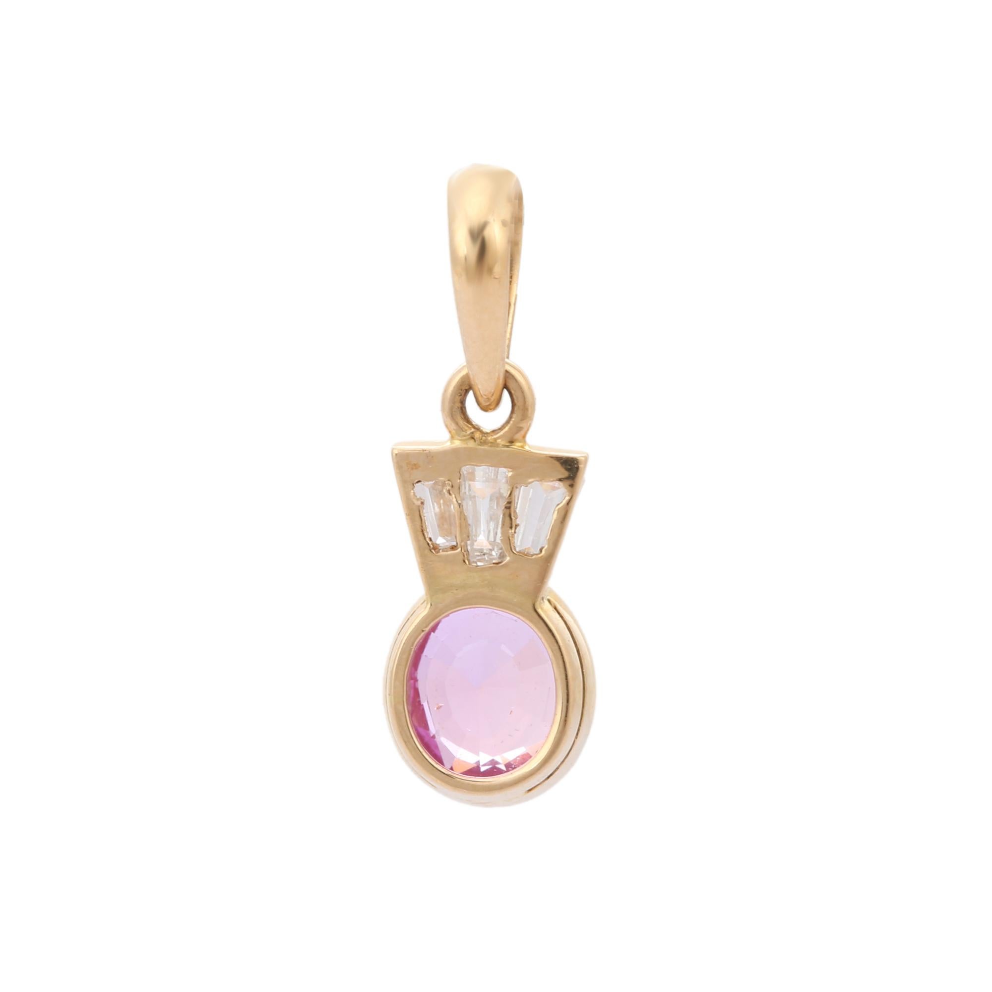 Oval Cut Genuine Pink Sapphire and Diamond Pendant in 18K Yellow Gold For Sale