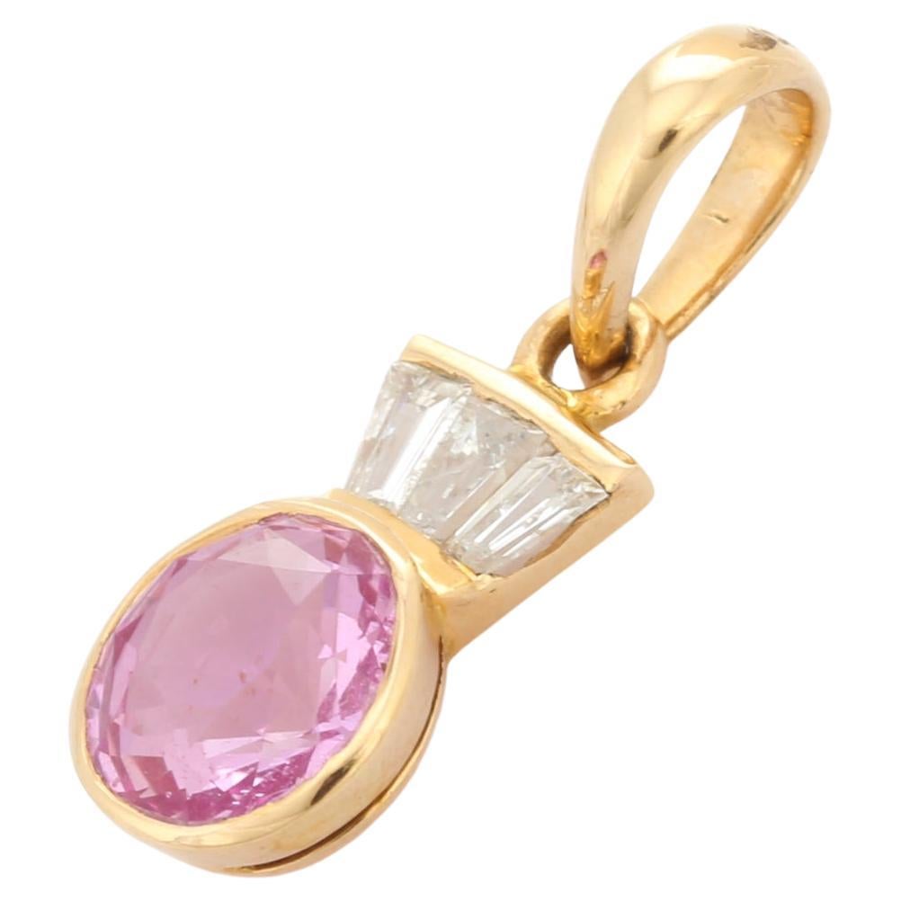 Genuine Pink Sapphire and Diamond Pendant in 18K Yellow Gold 